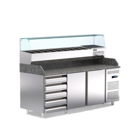 Ψυγείο Πάγκος Συντήρηση Πίτσας 207×80×145cm 2 Πόρτες 5 Συρτάρια TR-20S-PR Με Βιτρίνα ArtSteel
